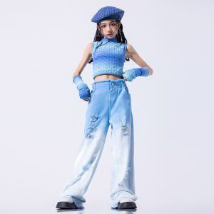 LOlanta Girls Group Dance Performance Costume Trendy Tank Top Gradient Blue Jeans Loose Cargo Pants Jazz Hip-hop Dance Outfit