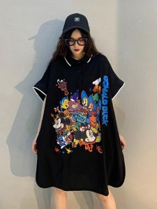 Summer Fashion Polo Collar Dress Women Loose Batwing Sleeve T-Shirt Dress plus Size up to 300 Pounds Korean Style A-Line Skirt