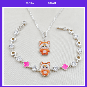 FLORA 0326M - Set bạc ta dây chuyền lắc tay hình Baby Three hình cáo màu cam dành cho bé gái