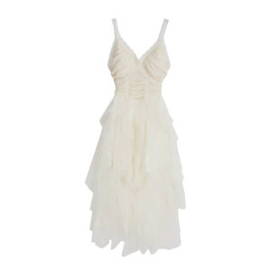 Elegant French Style Ballet Dress Womens Spring Autumn White Lace Strap Long Dress Pure Desire Sensation Ladylike Quality