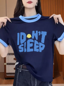 Áo Thun Cotton Tay Ngắn Mùa Hè 2025 Phong Cách Hàn Quốc Thường Ngày in Chữ Màu Tương Phản Chất Liệu Cotton Dành Cho Nữ