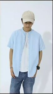 Plain Breathable Business Casual Tops Cotton and Linen Stand collar Short sleeves Shirt