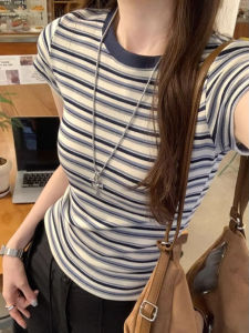 ZhiJian Youji Retro Versatile Slim Fit Short Sleeve T-Shirt Women Summer Color Block Stripes High End Feel Shoulder Length Top