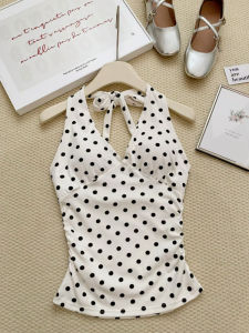 GUZILIAN | Red Polka Dot Backless V-Neck Halter Top