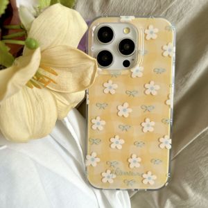 Japanese Style Simple Flower Bowknot Twisted Check Pattern Protective Phone Case Suitable for iPhone 17 Pro 16 15 14 13 Pro Max
