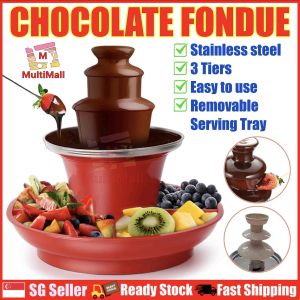 3 Tiers Red Chocolate Fondue Fountain | Fondue Maker | Hot Chocolate Fountain | Mini Stainless Steel Party Electric Chocolate Melting Machine Pot with Removal Serving Tray | Electric Chocolate Fondue Fountain