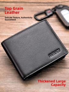Mens Wallet Genuine Top Layer Cowhide Short Large Capacity Real Leather Money Holder Business OL Style Polyester Lining