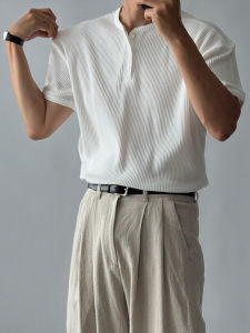 Ssumenam | Old Money Style Henry Collar Waffle Short Sleeve T-Shirt