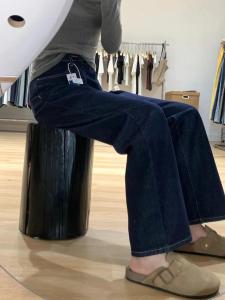 กางเกงยีนส์ทรงตรงเอวสูงสีน้ำเงินเข้ม กางเกงขายาวทรงหลวมสำหรับผู้หญิง ฤดูใบไม้ผลิ 2025 กางเกงขายาวทรงหลวมสไตล์ใหม่