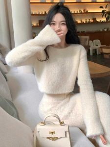 Classic Style Soft Glutinous Mink Fur Knitted Sweater Suit Female Fall and Winter Socialite Elegant Fancy Dress Two Pieces