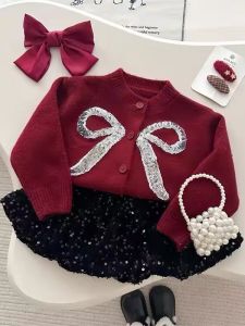 Vintage Red Knitted Sweater Coat with Bow