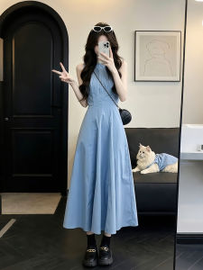 XUECAIQI | Elegant Slimming Blue Sleeveless Maxi Dress Long Dress Vacation Ready Summer New Arrival Plus Size Women Dress