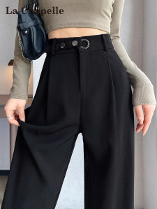 La Chapelle Black Slim Fit Tuxedo Wide Leg Pants Womens High Waist Drapey Slimming Short Straight Cut Casual Trousers