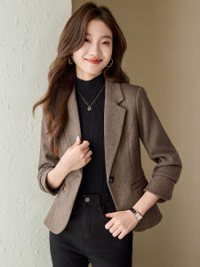 Caramel Color Womens Suit Jacket Slim Fit Casual Style Short Length Woolen Coat Button Pocket Detail Polyester Fiber