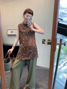 VKSOD | New Chinese Style National Trend Button Side Slit Wide Leg Pants Two Piece Set Womens Top Summer Loose Fit Trousers Ensemble