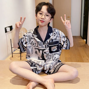 MiiOW | Ice Silk Sleepwear Short Sleeve Home Clothes For Boys Breathable Cool Feeling Polyester Fiber Summer Childrens Clothing