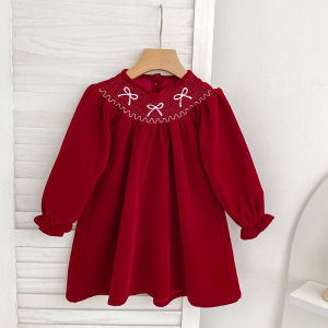 ชุดเดรสปาร์ตี้คริสต์มาสสำหรับเด็กผู้หญิง แต่งโบว์สไตล์เจ้าหญิง พร้อมระบาย  แฟชั่นสำหรับวันหยุดคริสต์มาส ฤดูใบไม้ร่วง ฤดูหนาว ชุดเดรสเด็กผู้หญิง