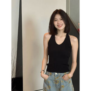 YUEZHONGWEI | Áo len dệt kim hở lưng cổ chữ V màu vàng cho nữ mùa hè Áo khoác ngoài Dopaamine Áo ngắn ôm vừa vặn Áo thun cổ tròn