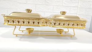 3.6 Liters Luxury Gold Silver Chafing Dish Buffet Food Warmer Display Restaurant Hotel Glass Soup Pot Casserole Display Chafing Dish Alcohol Stove Dry Hot Food Warmer