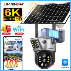 LS VISION V380 6K 12MP Wifi/4G Dual Screens 10X Zoom Solar CCTV Camera Wireless Full Color Night Vision PTZ Security Camera IP66 Outdoor Waterproof PIR +AI Detection Two Way Audio IP Cameras