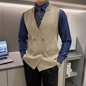 Autumn Winter Knitted V-Neck Sleeveless Vest Mens British Style Personality Slim Fit Woolen Vest Double-Row Button Design