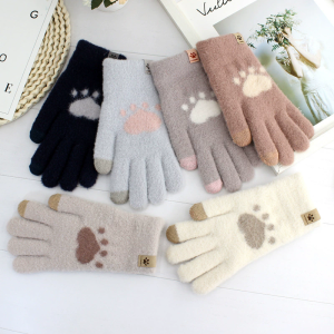 Winter Cat Paw Gloves Warm Mittens Fashion Mobile Phone Touchscreen Knitted Gloves Thick Women Soft Fluffy Full Fingers Gloves