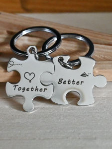 Móc Khóa Hình Jigsaw Bằng Thép Không Gỉ Sáng Tạo Có Thể Khắc Tên Cho Cặp Đôi Trang Sức Treo Móc Khóa Cặp Đôi Quà Tặng Sáng Tạo