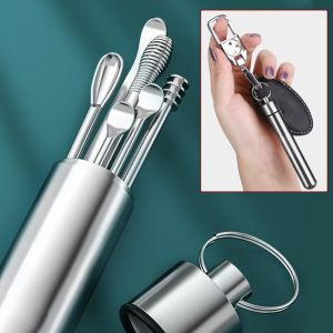 6 Pcs/Set Portable Ear Cleaner Set Ear Pick Ear Wax Remover Ear Curette Spiral Ear Spoon Ear Cleaning Tools Care Ear Cleaning Stainless Steel Earwax Remover