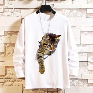 Autumn New Style Casual Long Sleeve T-Shirt Creative 3D Stereo Couple Base Shirt Men Women Student Trendy Cat Print Polyester Fiber