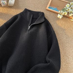 Khaki High Collar Half Zip Mens Knitwear Lazy Style Autumn Winter Korean System Loose Fit Soft Comfortable Long Sleeve Sweater