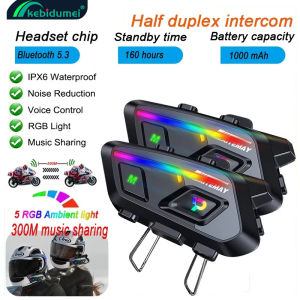Kebidumei 2Pcs Motorcycle Intercom Headset Helmet BT 5.3 Half-duplex Intercom 500M For 1000mAh With RGB Light Waterproof IPX6 with Music sharing Interphone