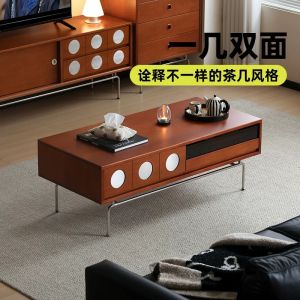 Retro Solid Wood Tea Table Small Apartment Storage Cabinet Stainless Steel Foot TV Combination Cabinet Storage Placement Cabinet