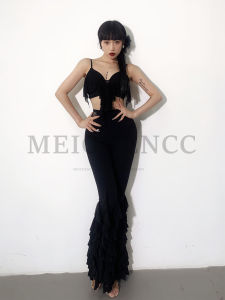 Meichen Latin Dance Costume Set Black Tassel Mesh Practice Uniform Standard Ballroom Dance Metal Strap Adult Sport Fitness
