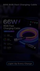 66W RGB Flow USB C Cable LED Light Fast Charging Data Cord Type C Charger Wire for Phone Tablet Laptop Car Night Use Travel
