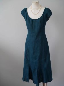 YUFUQING | Elegant Slimming Green Linen Short Sleeve Base Dress Womens Summer New Design European Style H-Line Midi Dress U-Neckline A-Line Skirt