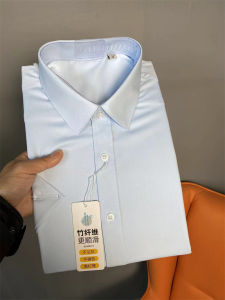 เสื้อเชิ้ตผู้ชายแขนสั้นทรงหลวมสไตล์ธุรกิจลำลองผ้าฝ้ายไผ่คอกลมฤดูร้อน ผ้าสีอัดด้วยน้ำ ผ้าลายสก็อต เสื้อผ้าทำงานลำลอง