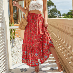 Bohemia Summer Ethnic Style Elastic High Waist Lace-up Button Split Holiday Travel Dress Cotton Silk Skirt Summer