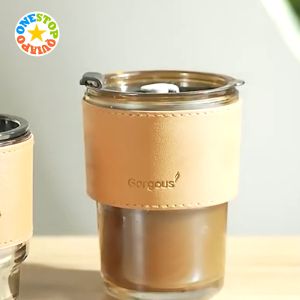 OSQ 400ml Double Glass Heat Resistant Lid Cup Mug W/ Straw & Protective Sleeve For Coffee & Juice