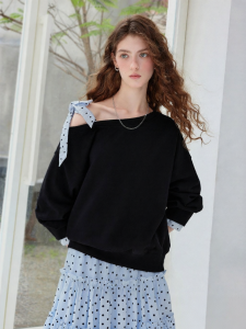 Toyouth | Áo Hoodie Dots Ribbons Cổ Trụ Rơi Mới Mùa Thu