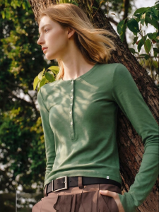 French Lazy Style Green Long Sleeve T-Shirt Autumn New Button Decorative Blouse