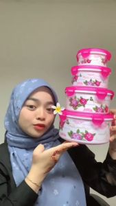 E-Morah 4 in 1 Set Flower Print Bowls Set Food Container with Lids Bekas Makanan (Microwaveable and Frozenable)