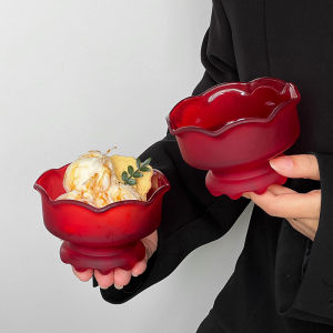 Red Frosted Dessert Bowl Ice Cream Bowl Jelly Sugar Water Bowl Glass round Shape Vintage Style Breakfast Bowl for Everyone