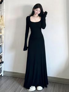 Long Knitted Dress Womens Slim Fit Cotton Flocking Waist Cinching Square Collar Autumn Fashion Elegant A-Line Dress