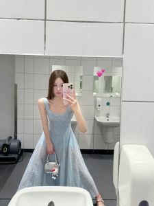 French Elegant Blue Hollow out Strap Dress Womens New Waist Cinching Neckline Beach Holiday Long Dress Korean Style Commute