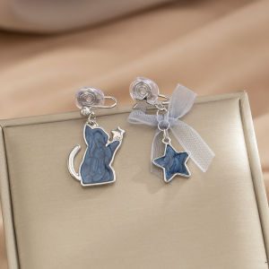 Kawaii Asymmetric Cat Ear Studs Star Bowtie Pain-Free No Piercing Required Mosquito Coil Trivet Ear Clips for Women Fashion Jewelry