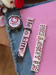 Sanrio | Hello Kitty Striped Letter Printed Magnetic Silicone Case Watch Strap for Samsung Watch 9/8 Ultra 2 for Huawei 20 22mm Wristband