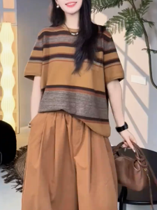 QINGNAER | Retro Color Block Striped T-Shirt Large