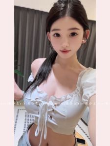 Titi Sweet Style Bubble Sleeve Shoulder Bared Rope Tie One Shoulder Top Princess Fit Short Length Belly Baring Womens Top