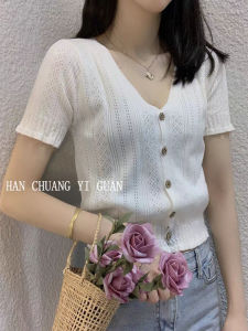 Summer 2025 Ice Silk Bubble Sleeve Short T-Shirt Womens V-Neck Open Cardigan Top Belly Button Baring Knitted Wear to Work