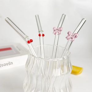 หลอดแก้วลายการ์ตูนน่ารัก ดีไซน์โค้งงอได้ ใช้ซ้ำได้ รูปทรงเชอร์รี่/โบว์ เหมาะสำหรับสมูทตี้ ชานม น้ำผลไม้ งานปาร์ตี้ ของขวัญ